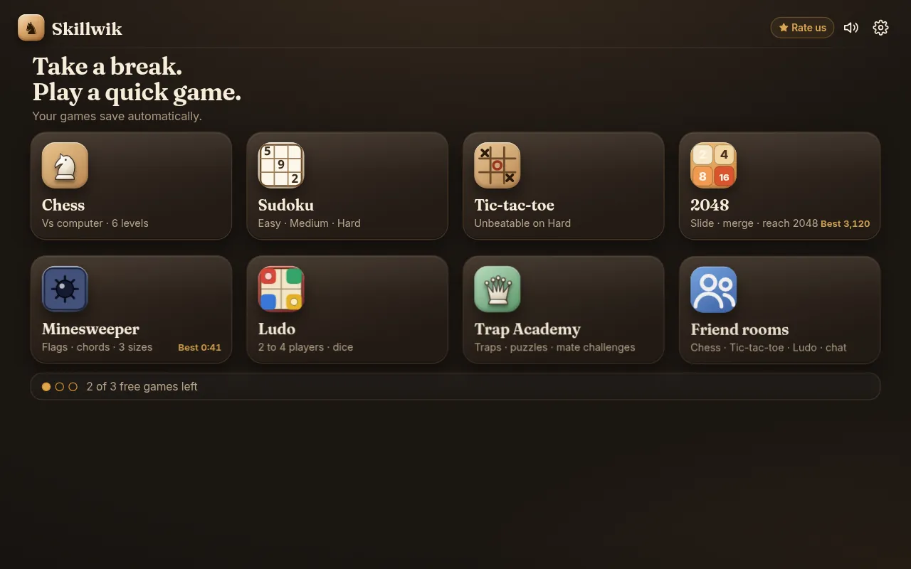 The Skillwik Chess & Games home screen with cards for Chess, Sudoku, Tic-tac-toe, 2048, Minesweeper, Ludo, Trap Academy and Friend rooms