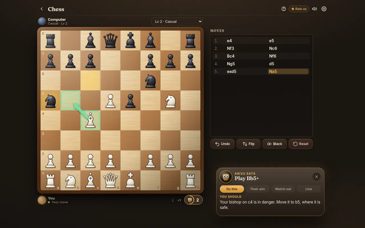 A chess game in Skillwik where Arivu the owl suggests moving the bishop from c4 to b5 and draws a green arrow on the board